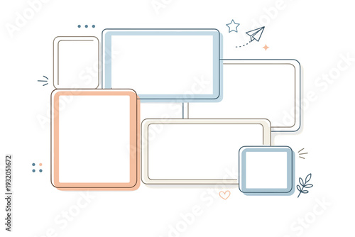 Collage frames. A modern arrangement of overlapping empty frames with soft rounded corners, leaving space for photos or text. Calm creative mood, balance, and
