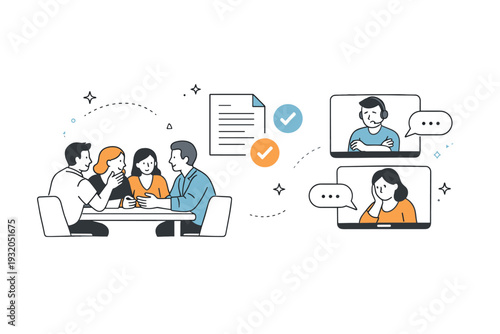 Hybrid meeting inequality decision making. In-person attendees clustered around a table making decisions while remote participants watch on screens, expressing