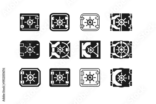 Fiscal policy. Icon set. Set Logo of fiscal policy: treasury vault door. harmonious logo variations of the same emblematic concept, each with different
