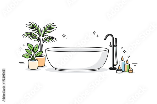 Modern luxury bathroom decor. A sleek standalone bathtub with slim floor faucet, potted tropical plants placed nearby and soft candlelight accents. Clean