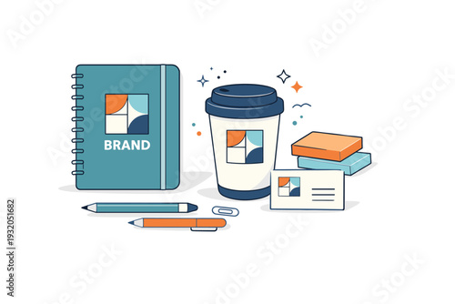 Editorial brand mockup scene. Branded notebook, coffee cup, and stationery placed together in a calm workspace composition. Lifestyle branding, warmth, and