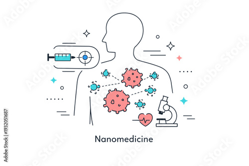 Nanotechnology in medicine. A minimal scene showing nano-particles targeting cells inside a simplified body outline. Precision treatment, advanced healthcare,