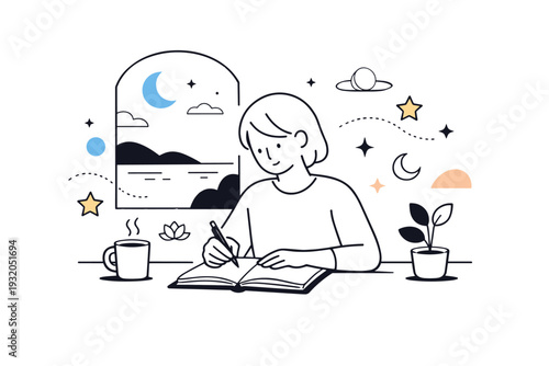 Evening reflection journaling. A person writing in a journal by a window at dusk, abstract floating stars and subtle shapes representing calm, introspection,