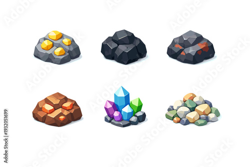 Miner resources. Isometric flat vector icons set of miner resources: gold ore rock, coal chunk, iron ore, copper ore, gemstone crystal, raw mineral pile.