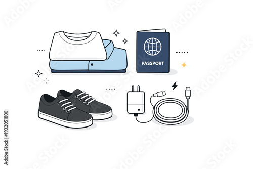 Travel packing essentials. Minimal objects such as shoes, shirts, charger, and passport arranged neatly, showing thoughtful preparation for a trip. Clear,