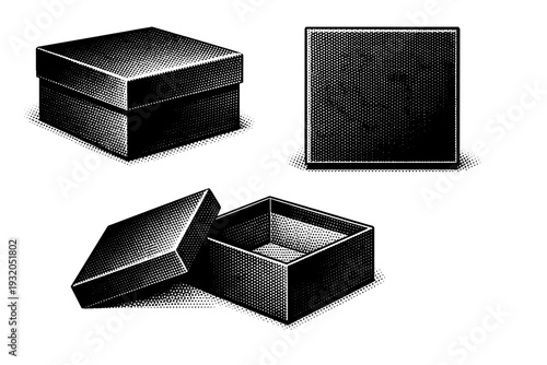 Product cardboard box ? gift packaging box. A realistic cardboard gift box shown as one object in three different views emphasizing lid structure, clean edges,