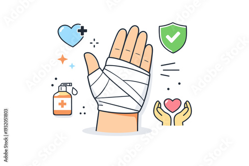 Bandaged hand after minor accident. An editorial illustration of a hand with a neat bandage, paired with simple symbols of protection or care. Feeling of