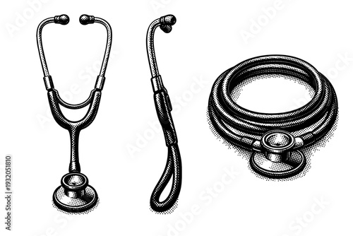Veterinary stethoscope presented as a single instrument shown in front view, side view, and coiled top view emphasizing tubing, chest piece, and earpieces with