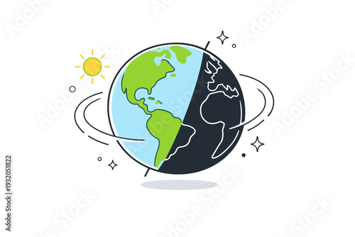 Earth's rotation and day-night cycle. A clean globe illustration slightly tilted on its axis, half illuminated and half in shadow, with a subtle sun icon on