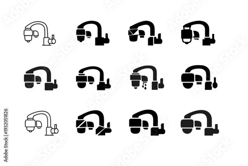 water filter tap. Icon set. Set Logo of water filter tap: kitchen faucet with attached water filter. harmonious logo variations of the same emblematic concept,