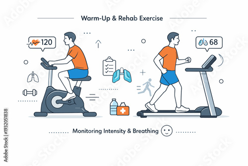 Warm-up and controlled drills in rehab. Athlete performing light cycling or treadmill movement, monitoring intensity and breathing, gentle conditioning before