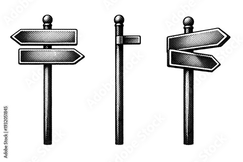Comic halftone street sign A single street sign object shown in three views including front view, side view, and three-quarter view. Black and white dot style