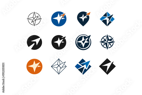 Discovery. Icon set. Set Logo of discovery: compass and direction arrow. harmonious logo variations of the same emblematic concept, each with different