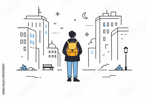 Urban solitude concept. A calm editorial scene of a single person standing among tall city buildings, quietly observing the surroundings. The mood suggests