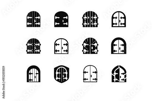 Old Wooden Door. Icon set. Set Logo of Old Wooden Door: door with iron hinges. harmonious logo variations of the same emblematic concept, each with different
