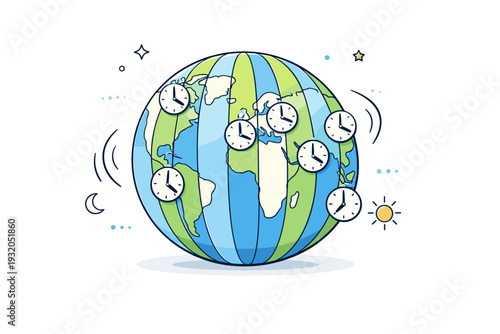 Time zones concept. A rotating globe divided into vertical segments with small clock icons placed around different regions. Clean educational scene showing