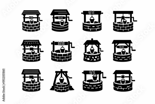 Traditional Well. Solid icon set of Traditional Well: old stone well, wooden roof well, rustic pulley well, countryside well, heritage well, ancient well,