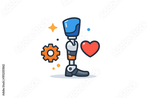 Assistive technology innovation illustrated through a modern prosthetic limb icon paired with a small gear and heart symbol, conveying advancement, resilience