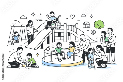 Inclusive community playground. Parents and children gathered around an accessible play area, calm and supportive atmosphere. Community connection and shared