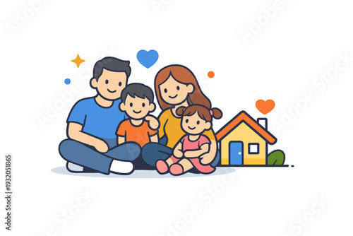 Happy family moment depicted as family members sitting together with a small house icon nearby, expressing comfort belonging and emotional warmth of home life.