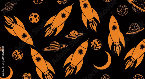 space rockets and planets on black background