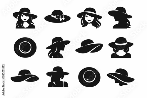 Girl in Bright Hat. Solid icon set of Girl in Bright Hat: girl portrait, wide brim hat, sun hat ribbon, smiling girl face, flowing hair, hat shadow, girl