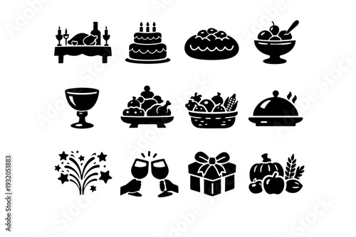 Festive Foods. Solid icon set of Festive Foods: holiday feast table, celebratory cake, decorated bread, special dessert bowl, ceremonial drink cup, food