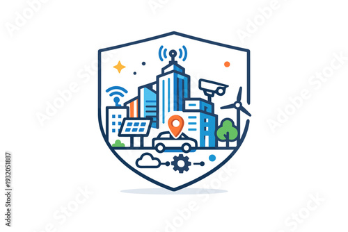 Smart city technology expressed as a city skyline inside a secure shield outline, symbolizing smart governance, safety, and resilient urban systems. The
