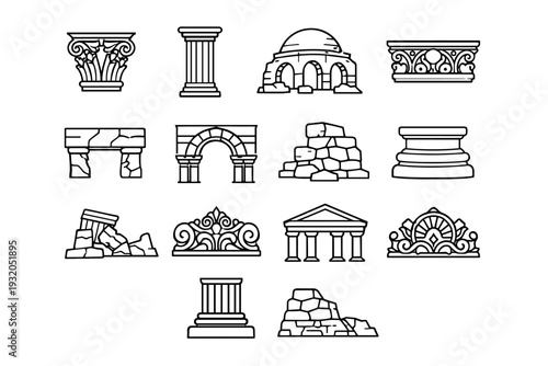 Ancient Architecture. Line icon set of Ancient Architecture: stone column capital, classical pillar, ancient dome ruin, carved frieze fragment, stone lintel,