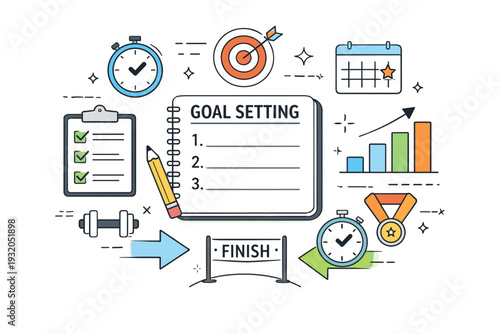 Athlete goal-setting overview. Symmetrical flat lay combining notebook, checklist, progress arrows, and timing symbols. Balanced editorial scene expressing