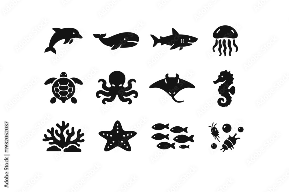 Fototapeta premium Marine Life. Solid icon set of Marine Life: dolphin, whale, shark, jellyfish, sea turtle, octopus, manta ray, seahorse, coral reef, starfish, school of fish,