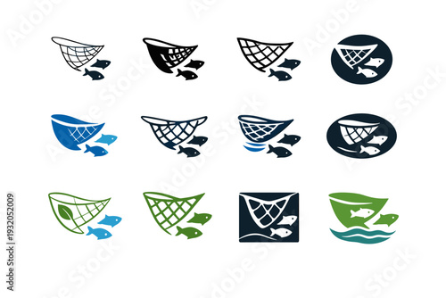 Sustainable fishing practices. Icon set. Set Logo of Sustainable fishing practices: fishing net with fish release. harmonious logo variations of the same