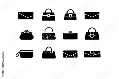 Luxury Accessories. Solid icon set of Luxury Accessories: designer clutch, premium handbag, gold clasp bag, leather clutch, fashion purse, couture bag, runway