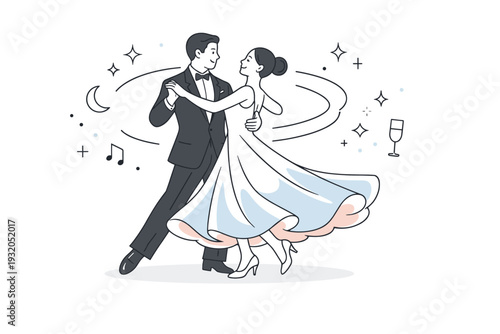 Ballroom elegance. A couple performing a graceful turn in formal attire, flowing dress indicated by soft curved lines. Clean decorative elements and subtle