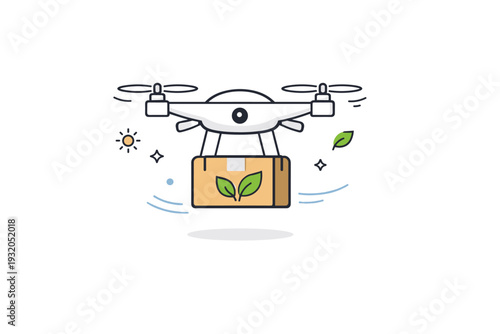 Eco-friendly drone delivery. A drone delivering a small package with leaf icons and calm motion lines. Sustainable transport and reduced emissions concept.