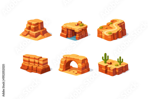 Desert Cliffs. Isometric flat vector icons set of Desert Cliffs: sandstone cliff formation, canyon edge overlook, winding path along cliff rim, layered rock
