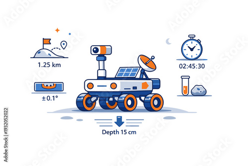 Moon rover autonomous exploration emphasizing precision, reliability, and slow progress. A calm composition built around a stationary rover, small measurement