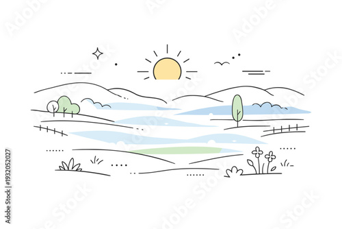 Morning mist fields. Light fog floating above open fields as sunlight gently breaks through. Quiet and airy scene with soft abstract layers. Minimalist flat