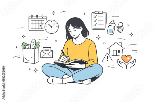 Invisible mental load. A quiet scene of a person sitting with a notebook while icons of planning, scheduling, and care float subtly in the