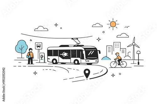 Electric public transport. A minimal scene showing a modern electric bus or tram gliding along a simplified route. Sustainable mobility, calm urban rhythm, and