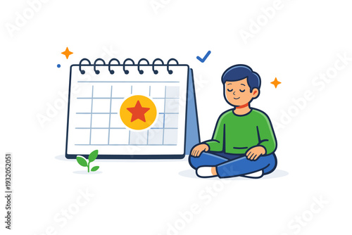 Late bloomers illustrated by a calendar with a single highlighted moment paired with a calm character, symbolizing timing, readiness, and personal milestones.