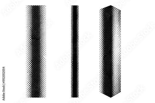 Vertical dotted stripe band object shown in three views including front view, side view, and angled view emphasizing stripe width and depth through dot