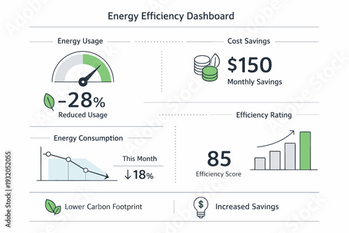 Energy efficiency dashboard visual. Simplified interface with charts, percentages, and leaf icons representing reduced energy use and savings. Calm