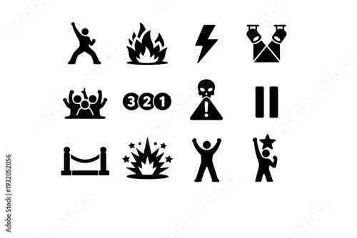 Extreme Performance Showcase. Solid icon set of Extreme Performance Showcase: bold performer pose, flame explosion, adrenaline bolt, spotlight focus, audience