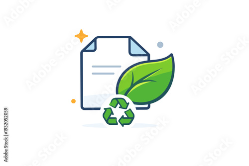 Sustainable print materials concept illustrated by a paper sheet combined with a leaf symbol and a small recycling mark, forming a cohesive eco conscious