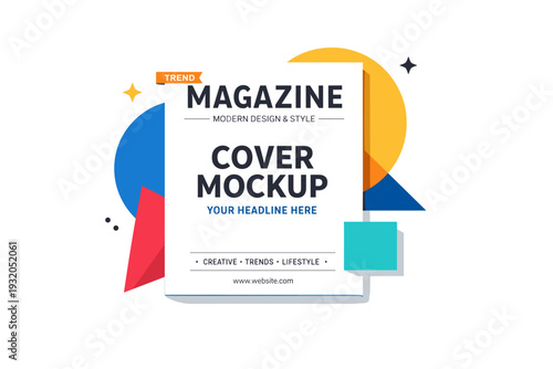 Print design trends focused on bold geometric shapes layered behind a clean magazine cover mockup, with subtle star accents and a small Trend label reinforcing