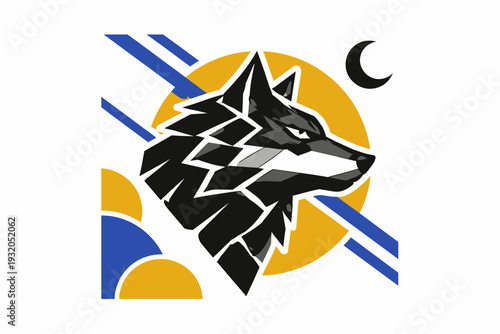 Black-and-white stylized wolf profile formed from angular geometric blocks with white outline cut-out effect, bold mustard yellow circle behind the head and