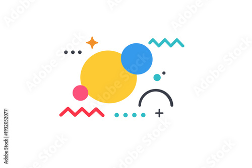 Memphis style graphics expressed through a lively mix of circles, zigzags, and dots arranged in a rhythmic composition, communicating fun, movement, and