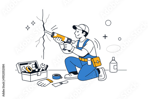 Home Maintenance Illustration. Minimal interior wall with a visible crack line, toolbox open on the floor, person confidently sealing the surface. Subtle