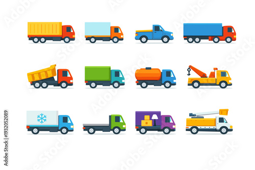 Truck. Colorful flat vector icons set of truck: cargo truck, delivery truck, pickup truck, semi trailer, dump truck, box truck, tanker truck, tow truck,